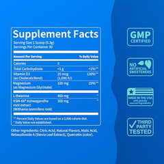 Nello SuperCalm lemon-lime ingredients panel shows clean, non-GMO formula.