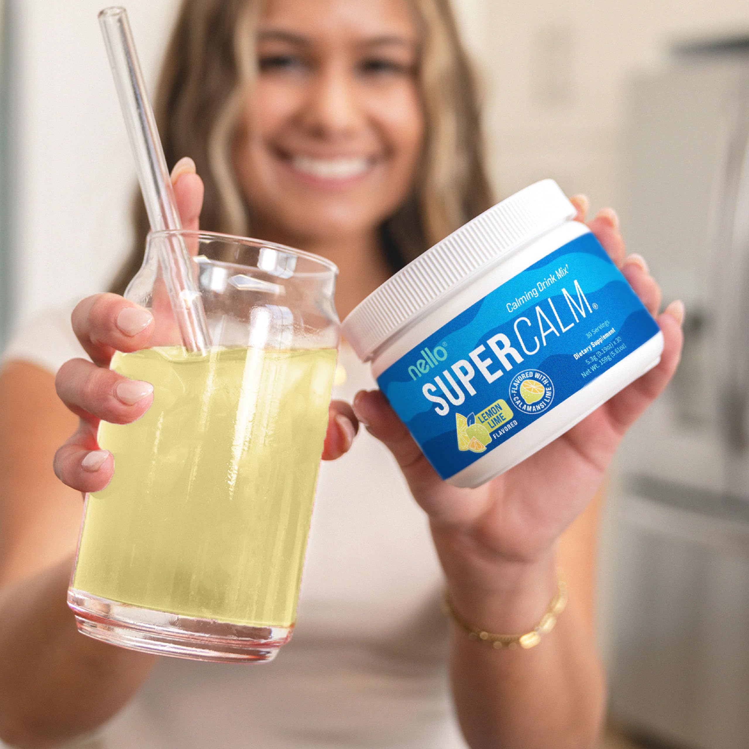 Nello SuperCalm lemon-lime nutrient table lists essential vitamins and minerals.