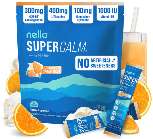 Nello SuperCalm orange creamsicle bottle pour showing convenient on-the-go relaxation.