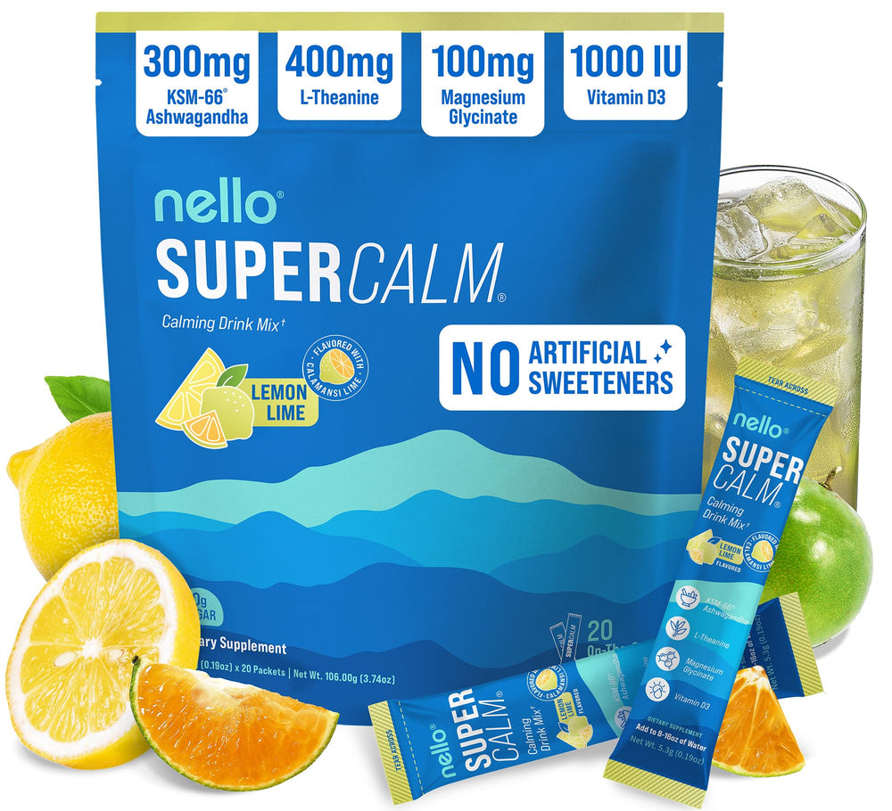 Nello SuperCalm lemon lime packet on-the-go for easy relaxation and focus.