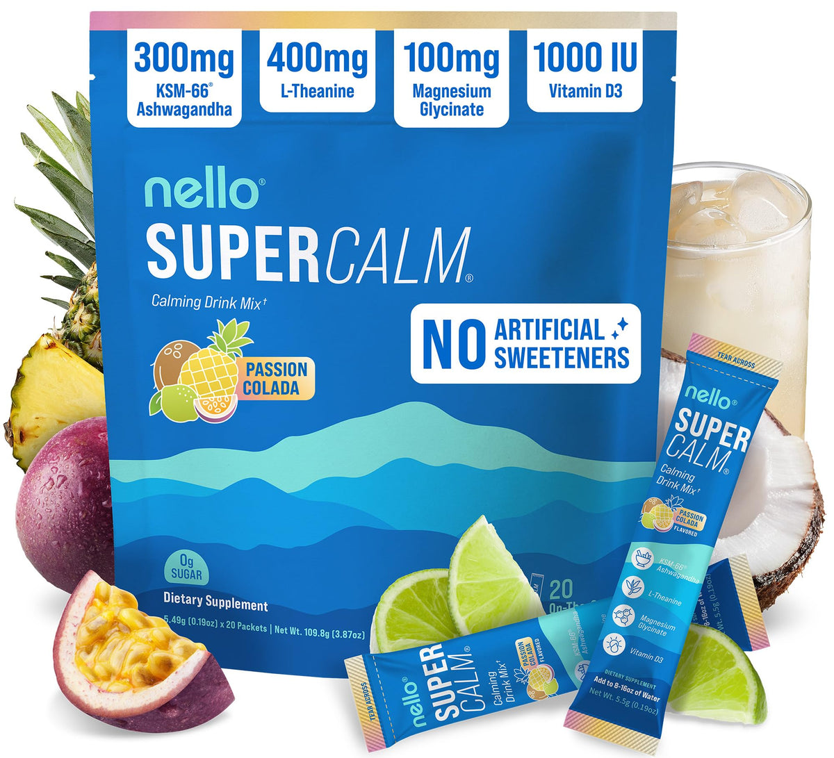 Nello Supercalm raspberry lemonade on-the-go packet for quick calm and focus.