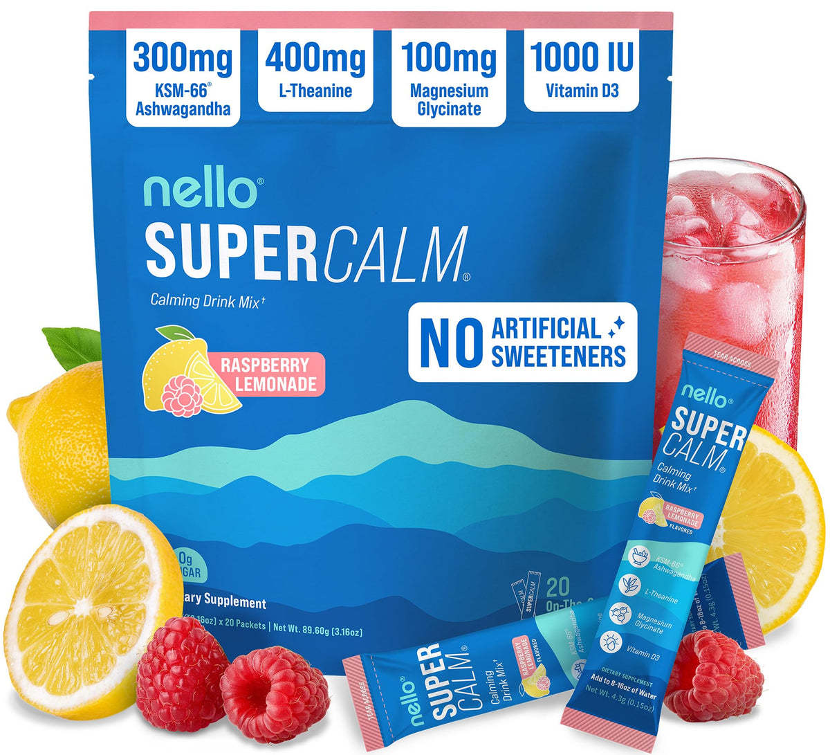 Nello SuperCalm raspberry lemonade packets for on-the-go calm and clarity.