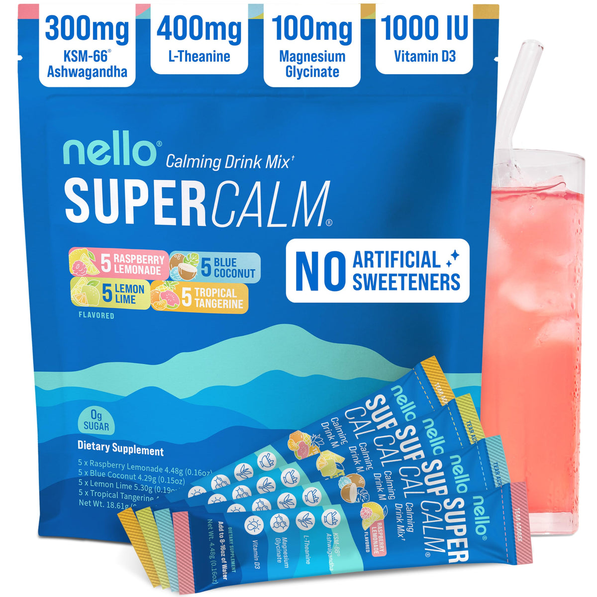 Nello SuperCalm raspberry lemonade packets for on-the-go relaxation and focus.