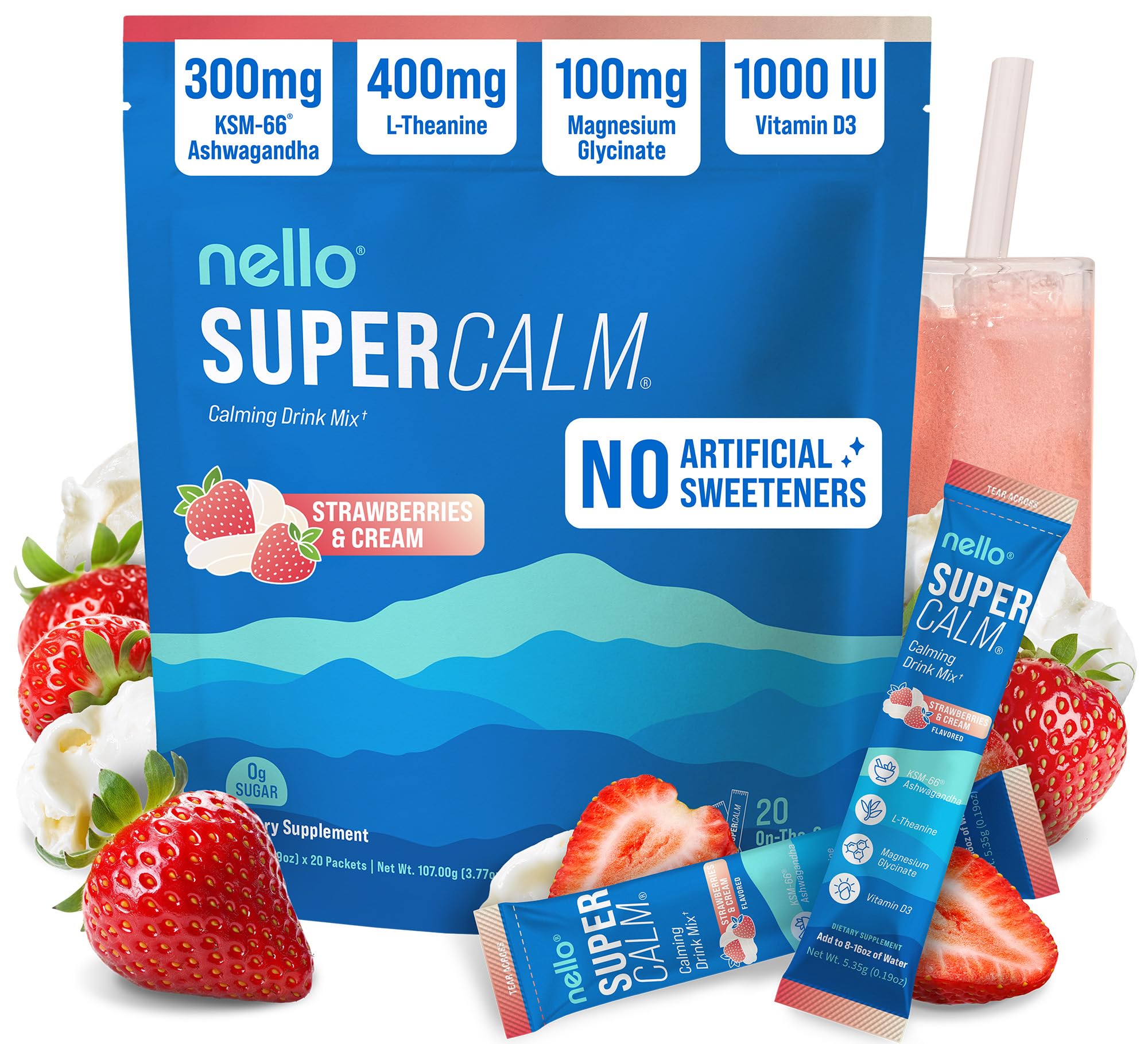 Nello Supercalm tub canister with strawberries and cream powder for on-the-go calm.