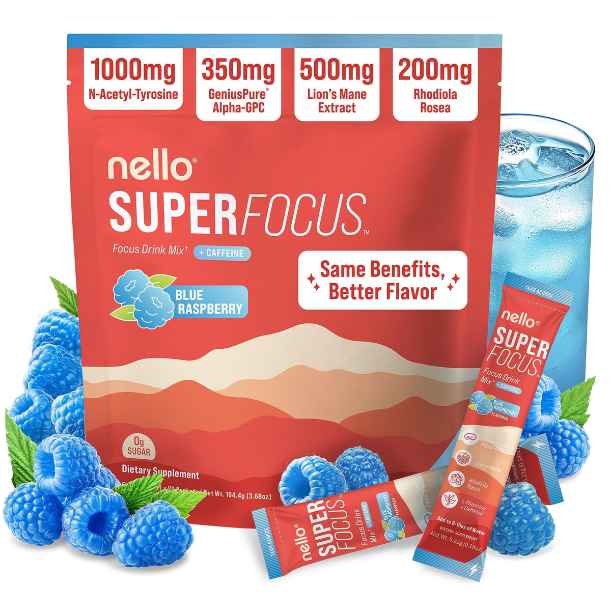 Nello Superfocus blue raspberry drink being poured for refreshing energy