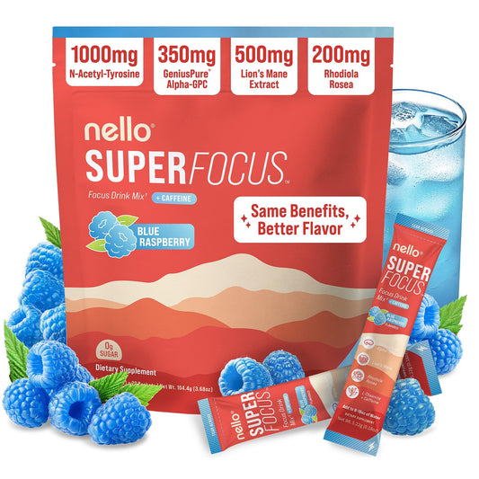 Nello Superfocus blue raspberry drink being poured for refreshing energy