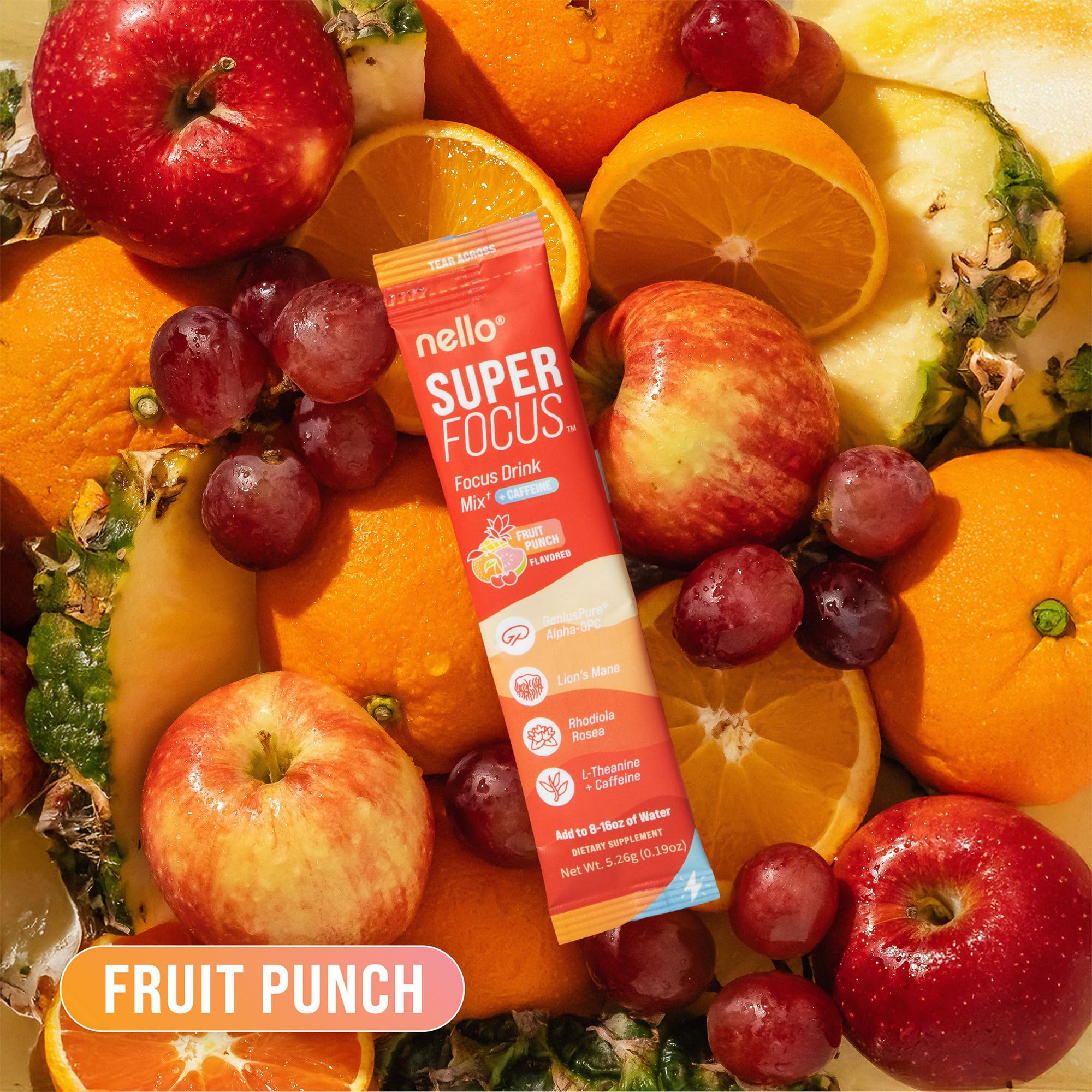 Nello Superfocus caffeine and L-Theanine blend close-up for calm energy.