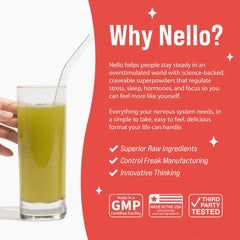 Nello Superfocus glass with sip suggesting steady focus during study sessions.