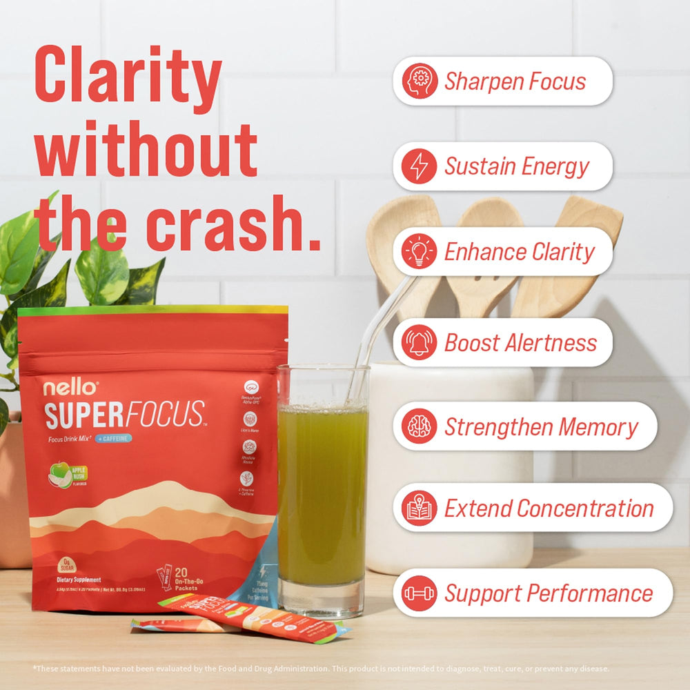 Nello Superfocus ingredients Alpha-GPC list close-up emphasizing premium nootropic blend.