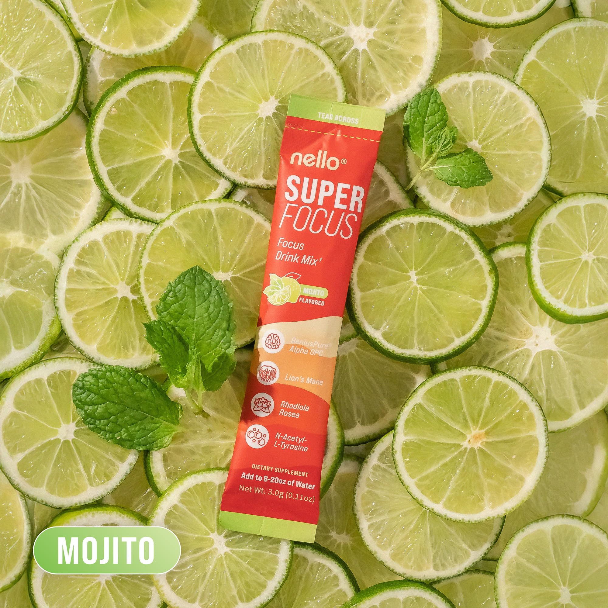 Nello Superfocus Mojito ingredients label highlighting Alpha GPC, Lion's Mane, Rhodiola.