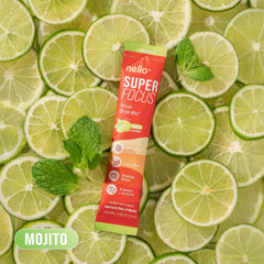 Nello Superfocus Mojito ingredients label highlighting Alpha GPC, Lion's Mane, Rhodiola.