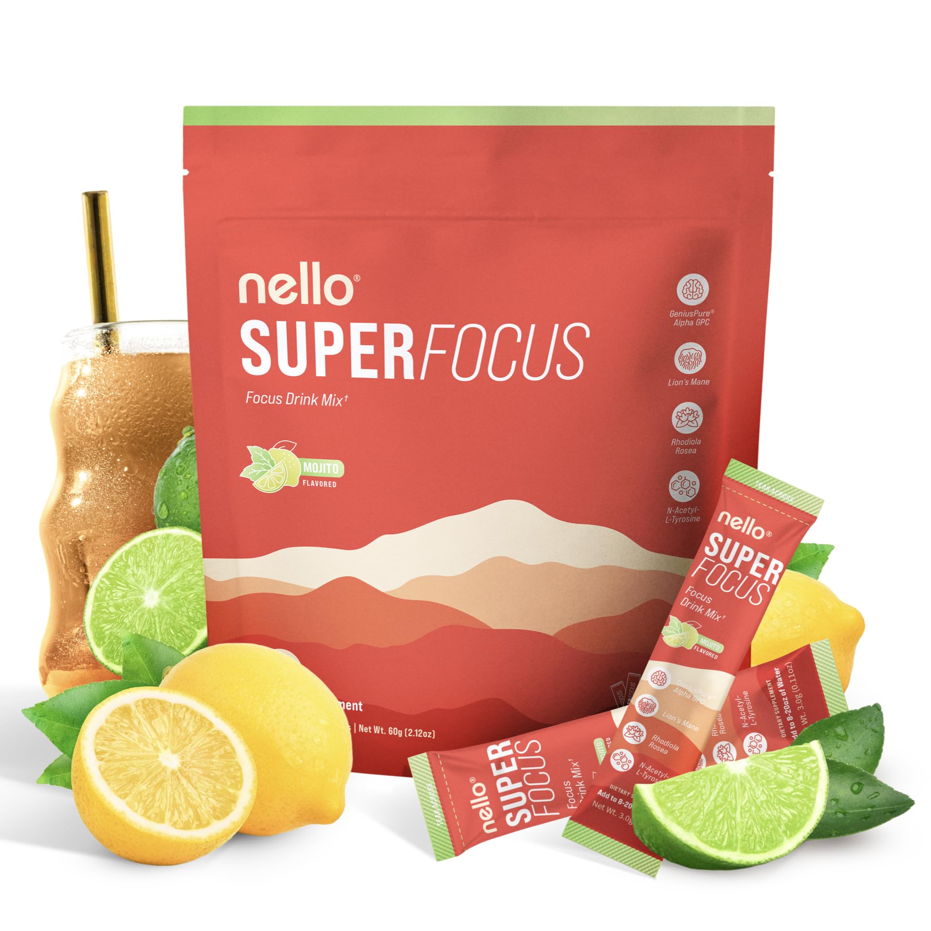Nello Superfocus Mojito packet closeup showing convenient on-the-go focus support.