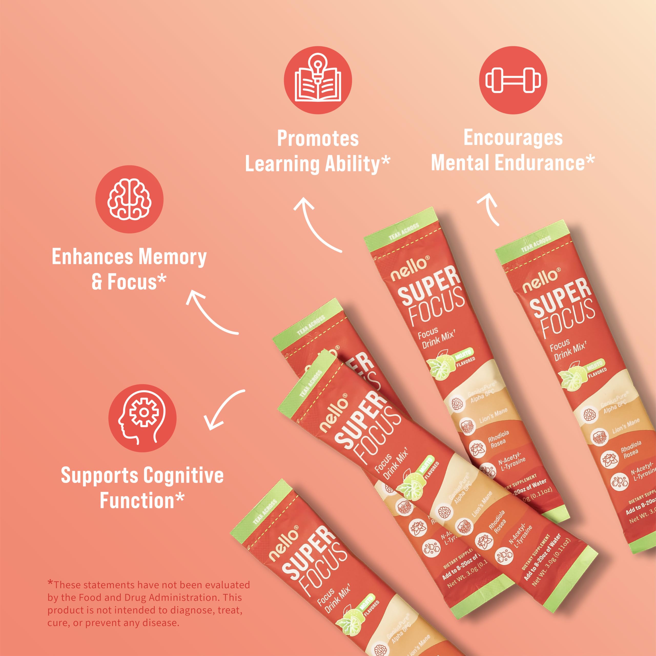 Nello Superfocus Mojito packet dissolving for a quick, sugar-free mental boost.