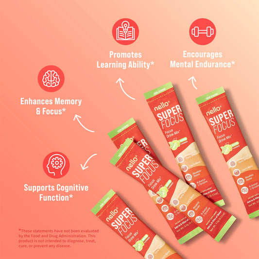 Nello Superfocus Mojito packet dissolving for a quick, sugar-free mental boost.