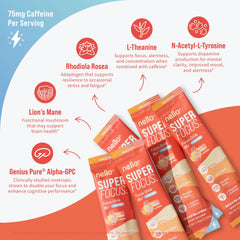 Nello Superfocus zero sugar badge and clean ingredient profile.