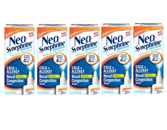 Neo-Synephrine nasal spray bottle compact travel-friendly design for on-the-go use.