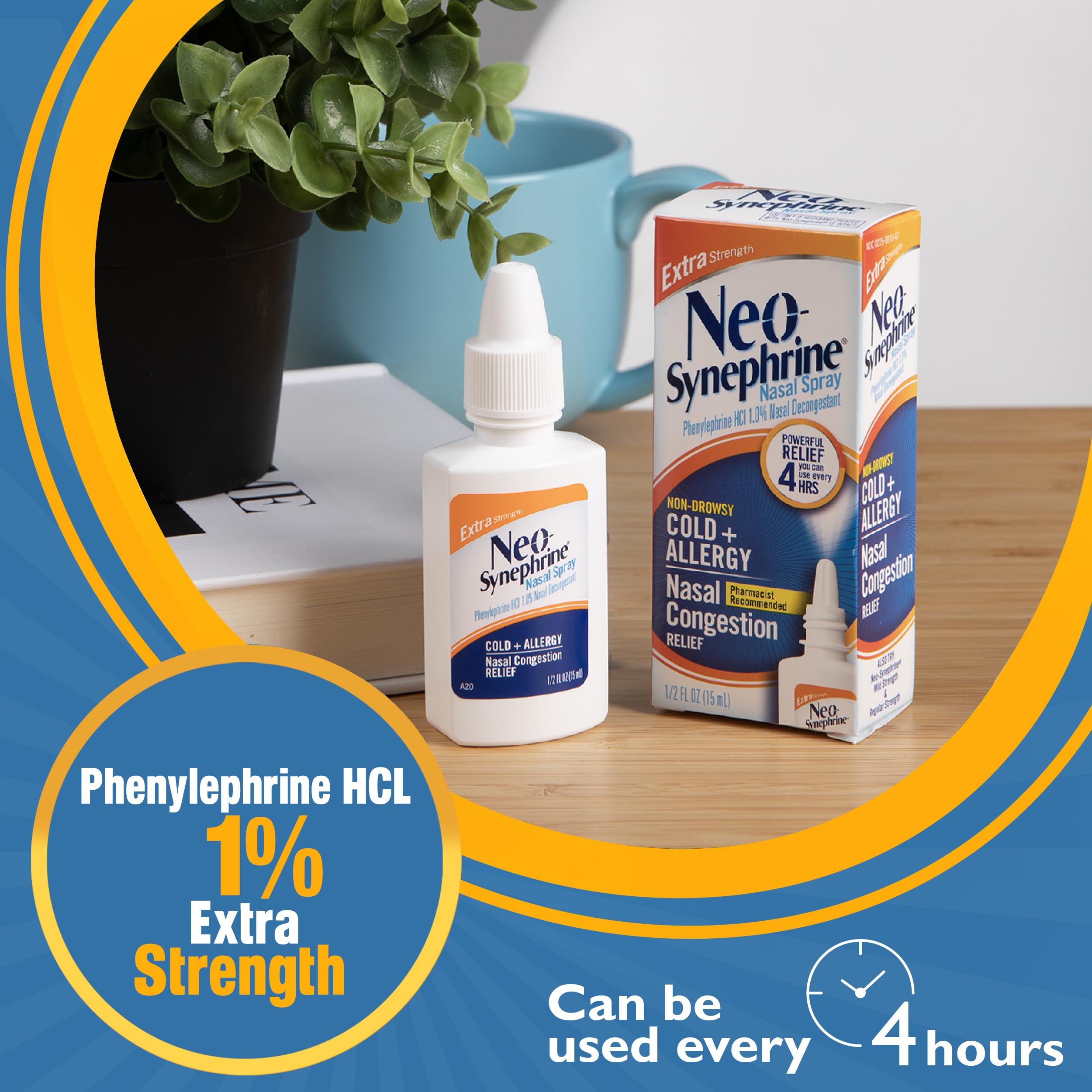 Neo-Synephrine nasal spray cap with precise mist demonstration.