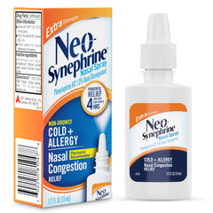 Neo-Synephrine nasal spray nozzle close-up shows easy, controlled spray.