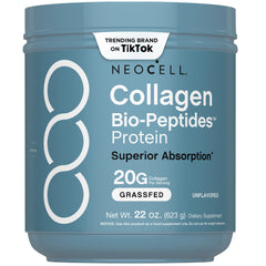 NeoCell Collagen Bio-Peptides powder bottle supports hair, skin, and nails.