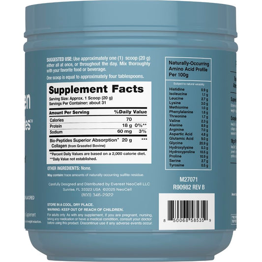 NeoCell Collagen Bio-Peptides powder scoop highlights precise dosing.