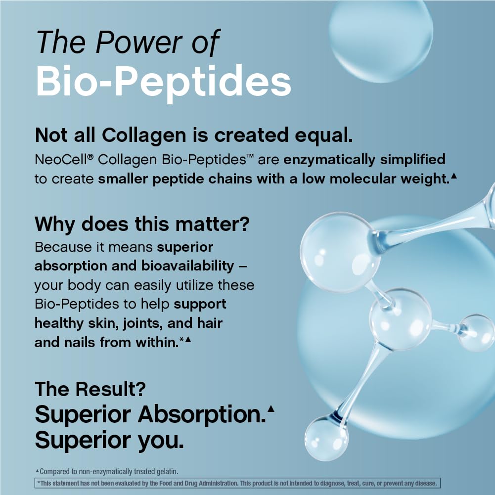 NeoCell Collagen Bio-Peptides powder tea-mix dissolves easily in hot or cold beverages.