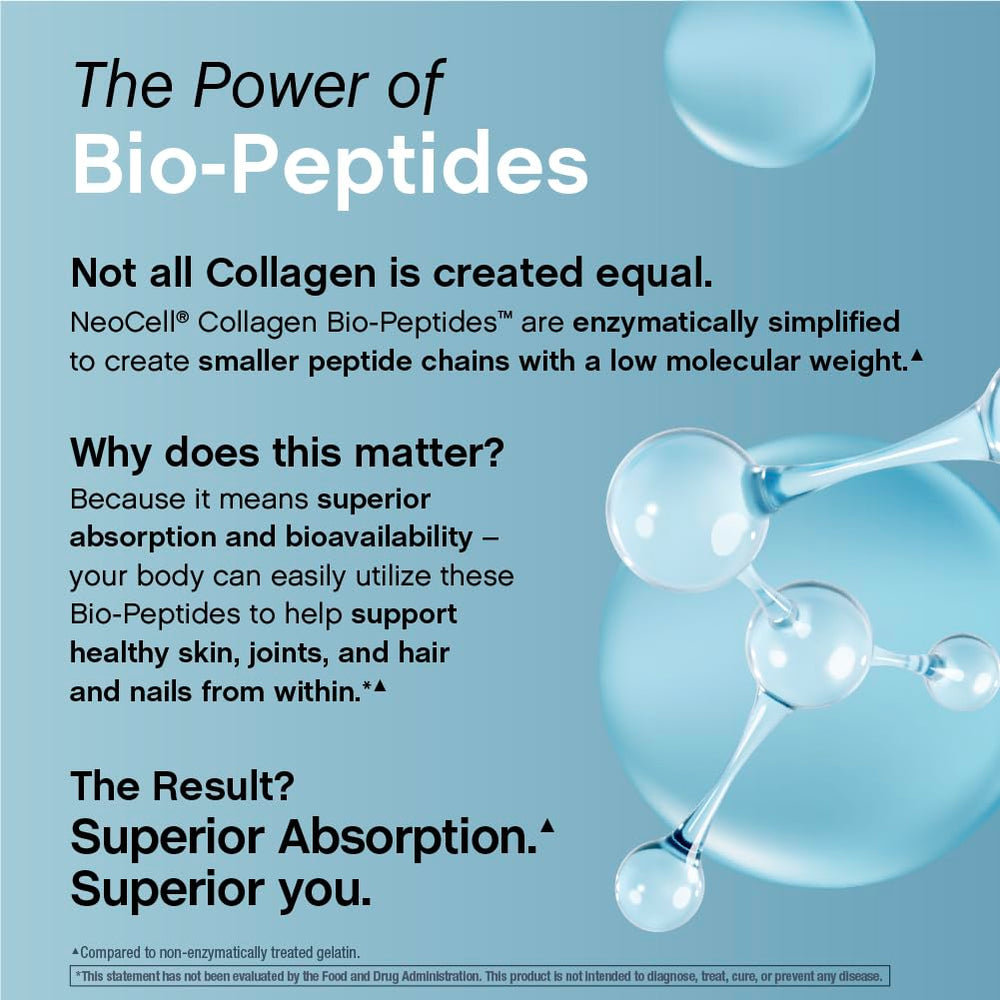 NeoCell Collagen Bio-Peptides powder tea-mix dissolves easily in hot or cold beverages.