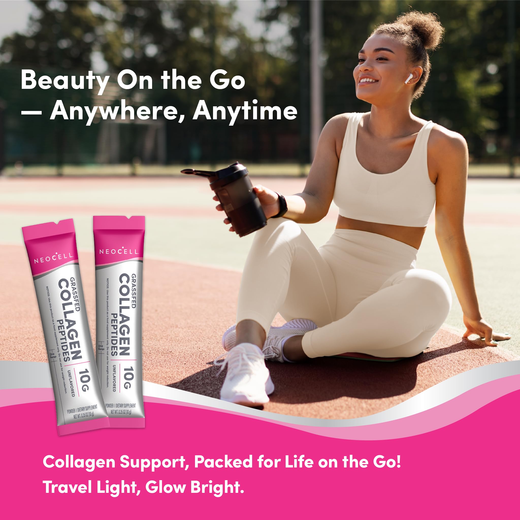 NeoCell collagen peptides serving scoop illustrates quick mix into beverages.