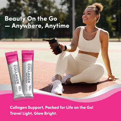 NeoCell collagen peptides serving scoop illustrates quick mix into beverages.