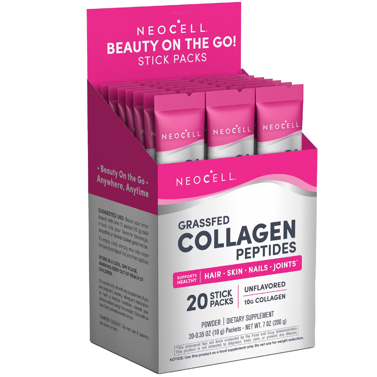 NeoCell collagen peptides stick-pack front with unflavored supplement for hair, skin, nails.