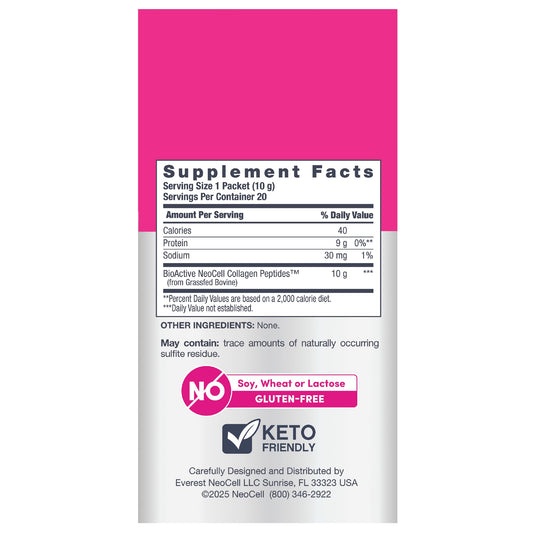 NeoCell collagen peptides stick-pack side displays usage-friendly design for daily routines.