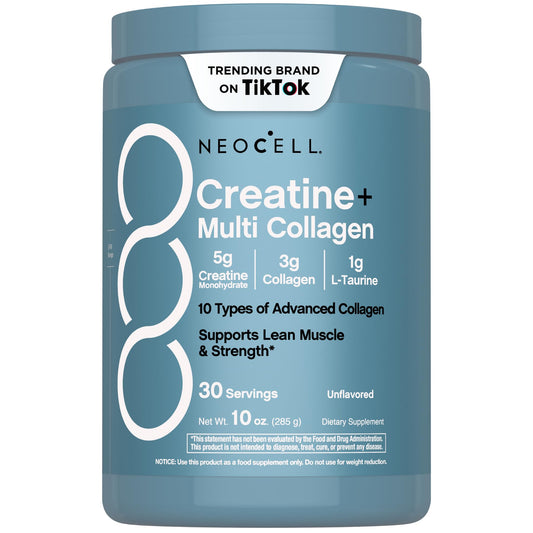 NeoCell Creatine Monohydrate powder bottle shown for workouts and daily energy