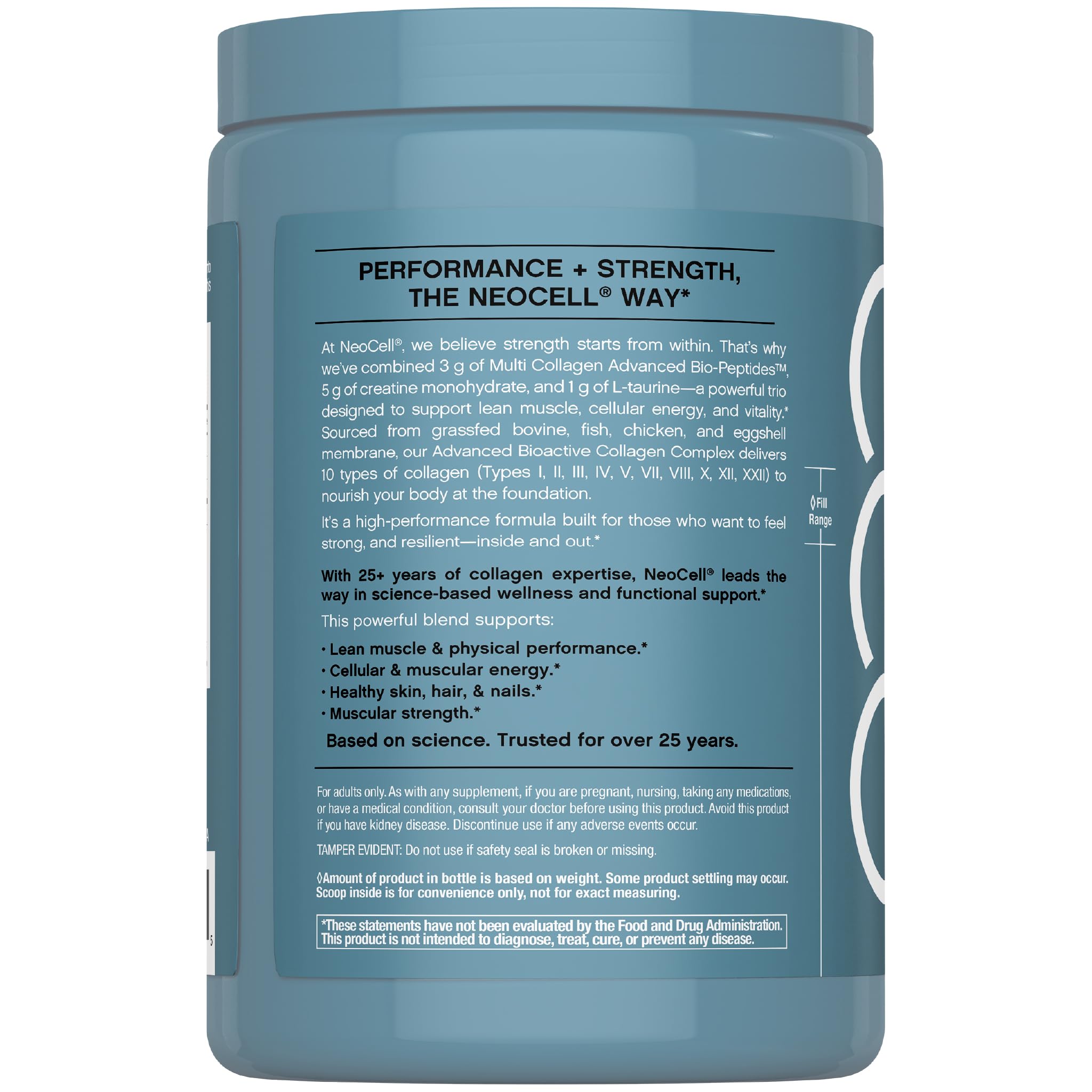 NeoCell Creatine Monohydrate unflavored jar blends into beverages quietly