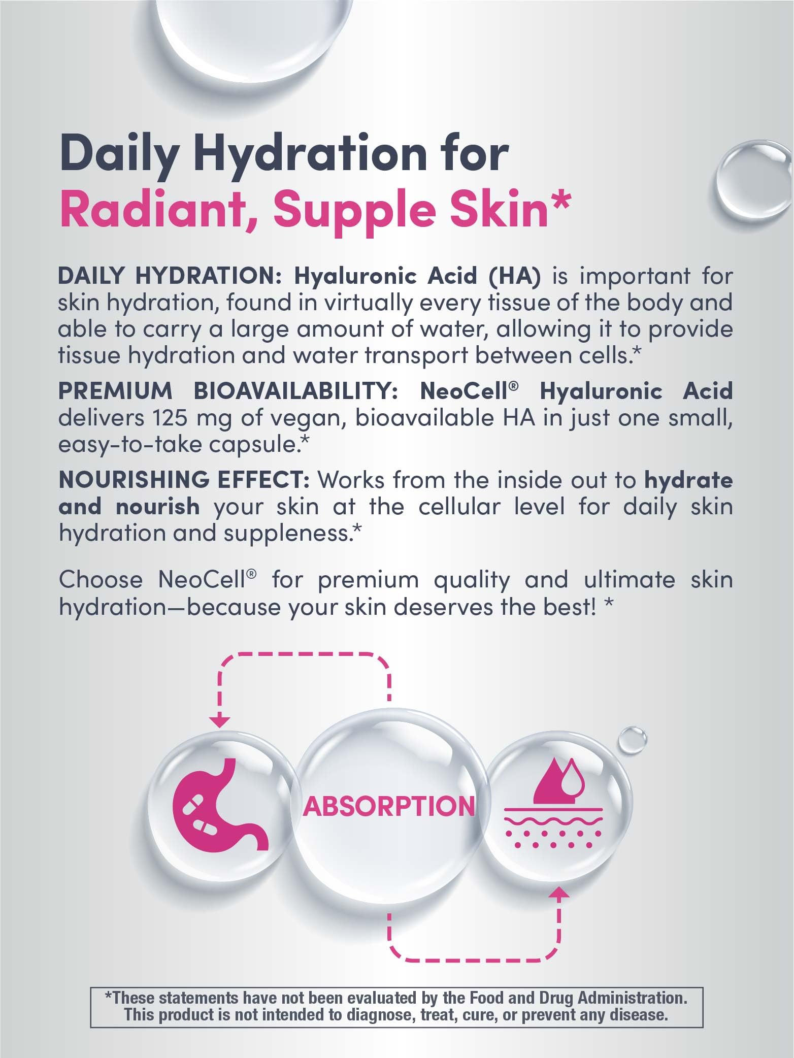 NeoCell Hyaluronic Acid allergen-free claim highlights gluten-free and dairy-free benefits.