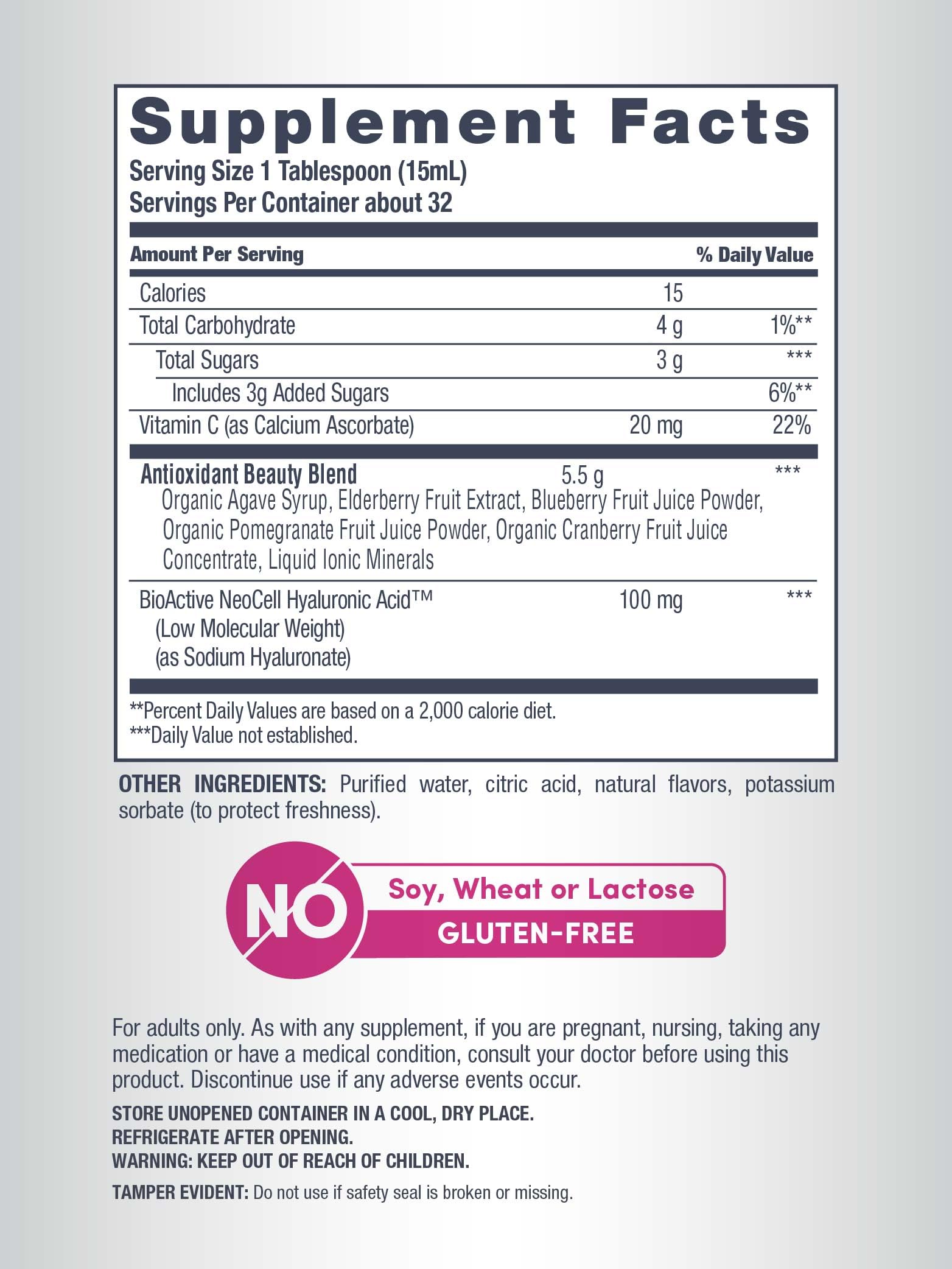 NeoCell Hyaluronic Acid Berry Liquid serving idea highlights 50 mg per serving