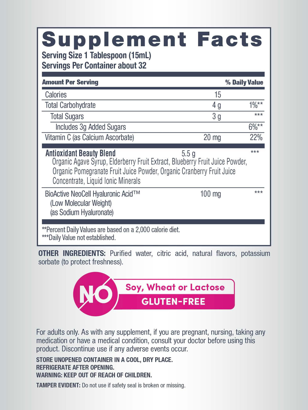 NeoCell Hyaluronic Acid Berry Liquid serving idea highlights 50 mg per serving