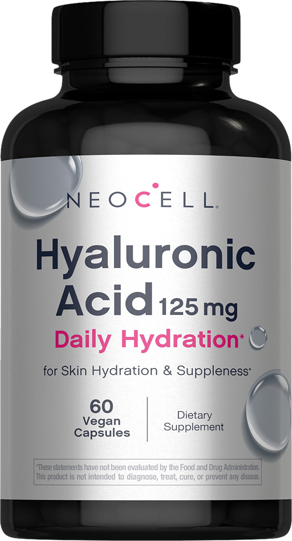 NeoCell Hyaluronic Acid bottle showing daily hydration support for healthy-looking skin.