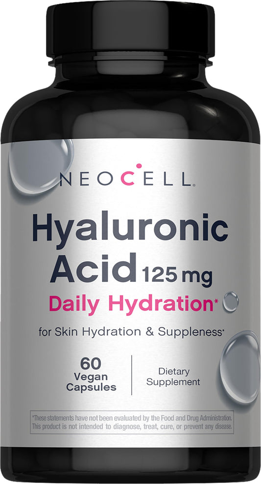 NeoCell Hyaluronic Acid bottle showing daily hydration support for healthy-looking skin.