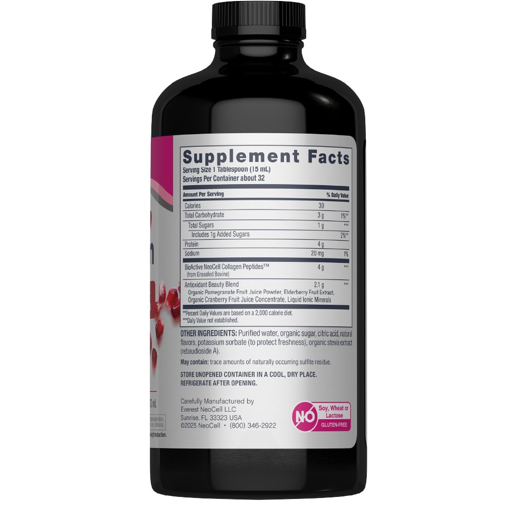 NeoCell Liquid Collagen bottle being poured into a glass for easy daily use.