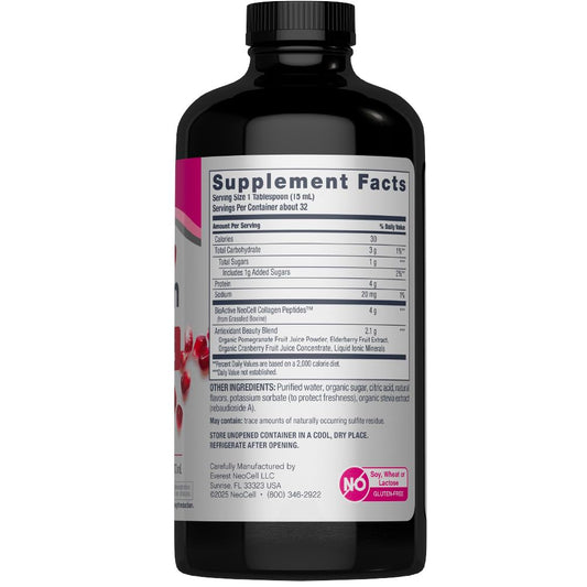 NeoCell Liquid Collagen bottle being poured into a glass for easy daily use.