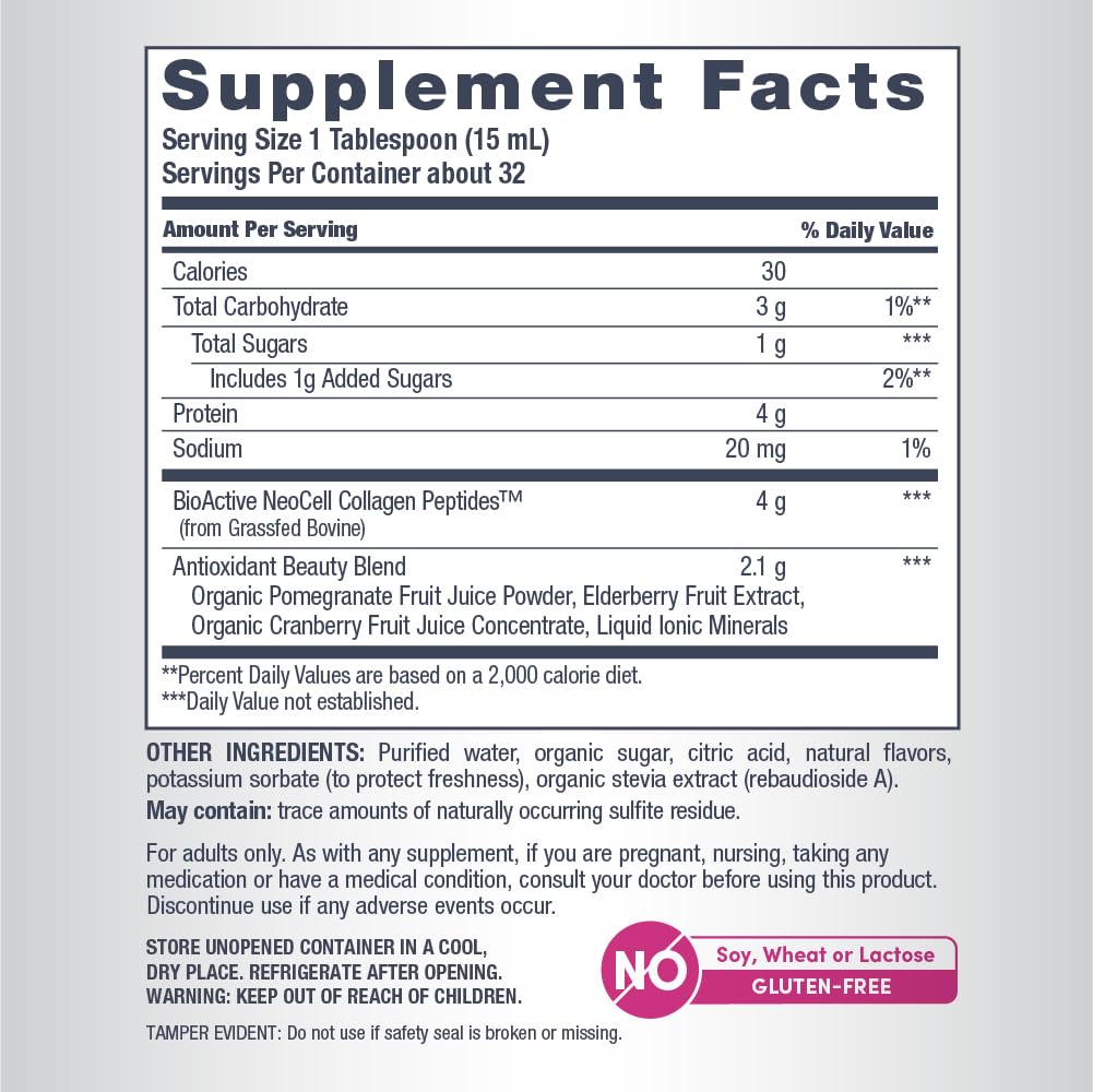 NeoCell Liquid Collagen with cranberry and elderberry juice concentrates flavor and nourishment cues.
