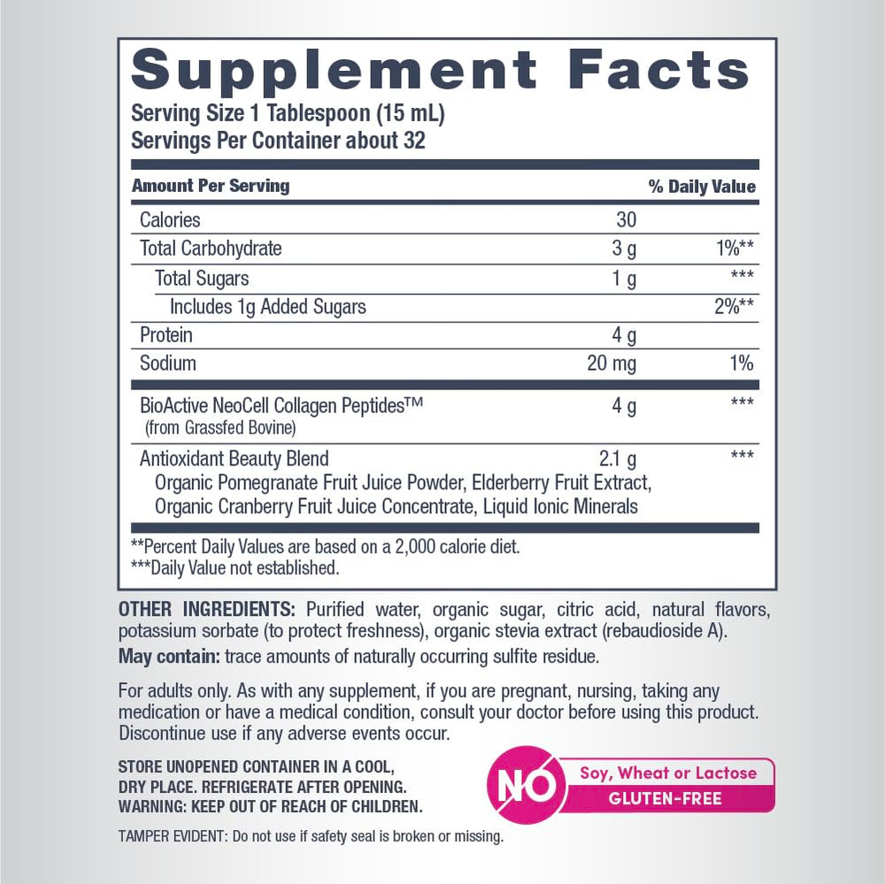 NeoCell Liquid Collagen with cranberry and elderberry juice concentrates flavor and nourishment cues.