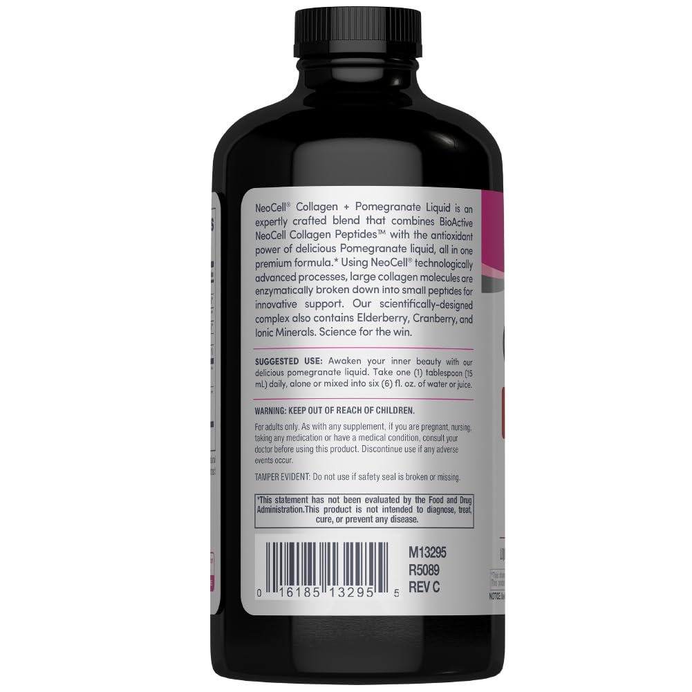 NeoCell Liquid Collagen bottle label highlights green tea blend and gluten-free formula.