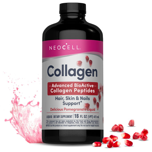 NeoCell Liquid Collagen bottle with pomegranate promotes skin and joint wellness.