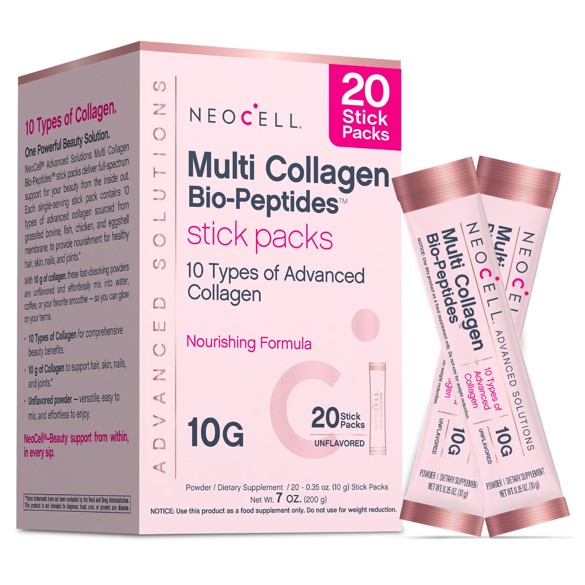 NeoCell Multi Collagen stick-pack in hand for on-the-go beauty support.