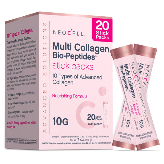 NeoCell Multi Collagen stick-pack in hand for on-the-go beauty support.
