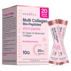 NeoCell Multi Collagen stick-pack in hand for on-the-go beauty support.