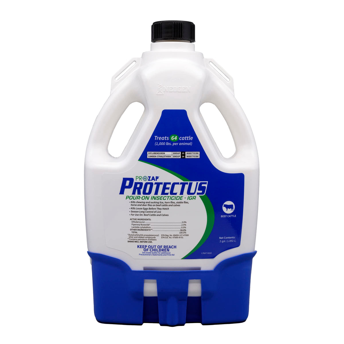 Neogen Prozap Protectus pour-on bottle for beef cattle; helps manage lice and flies.