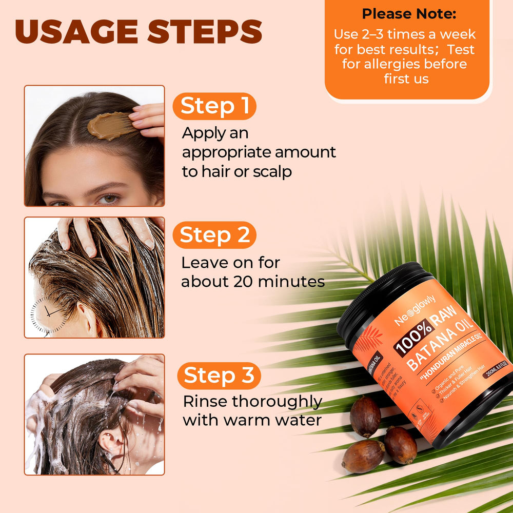 Neoglowly Batana Oil packaging emphasizes silicone-free and cruelty-free benefits