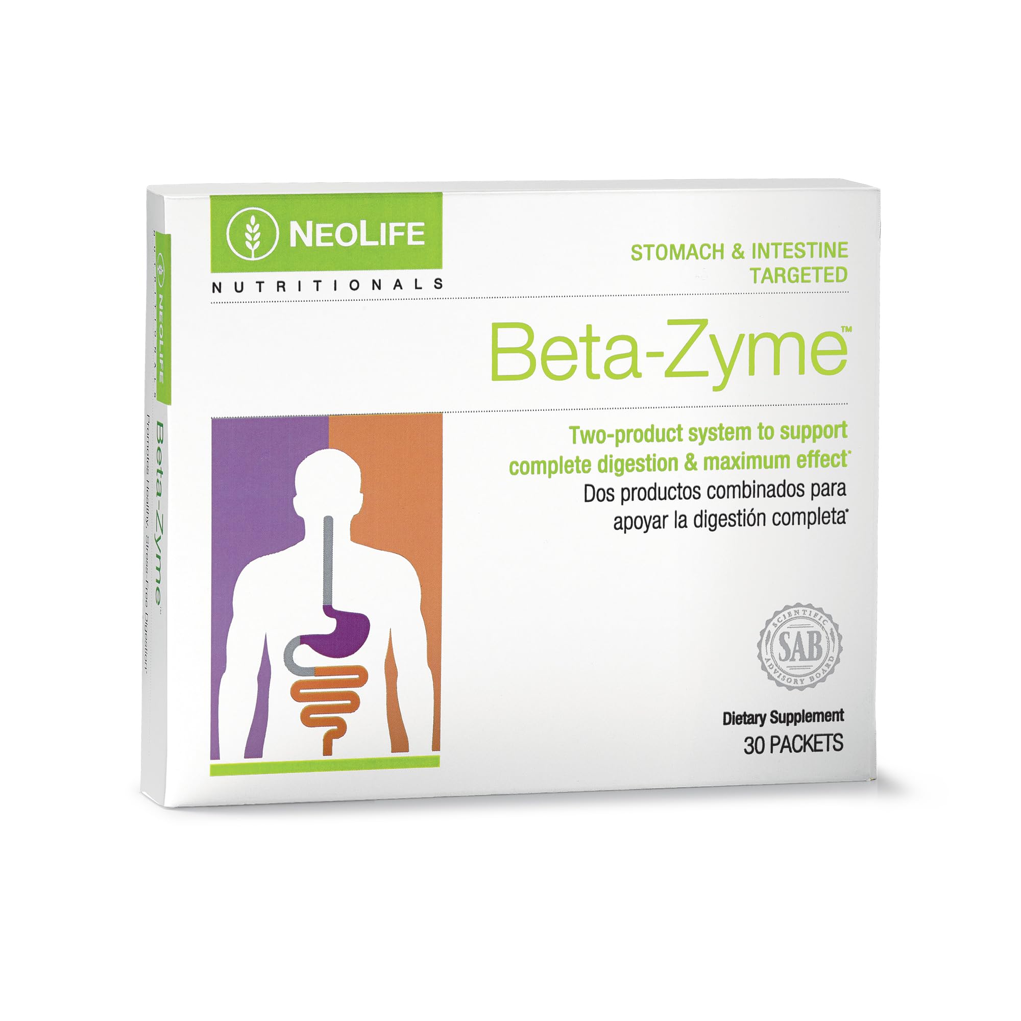 NeoLife Beta-Zyme digestive enzyme bottle showcases plant-sourced enzymes for after-meal support.