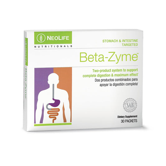 NeoLife Beta-Zyme digestive enzyme bottle showcases plant-sourced enzymes for after-meal support.